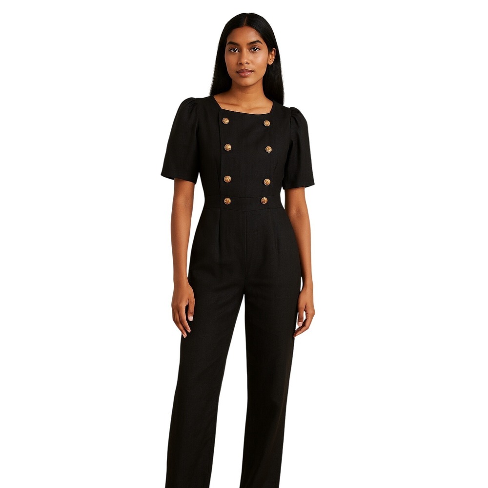 LISA MARIE FERNANDEZ Diana Double-breasted Linen-blend Gauze Jumpsuit in black